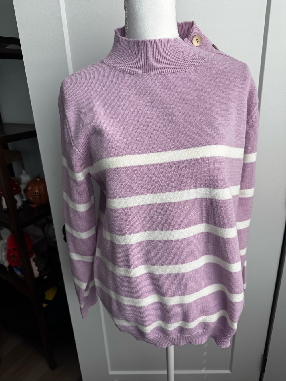 Striped Lavender Mock Neck Sweater with Button Detail